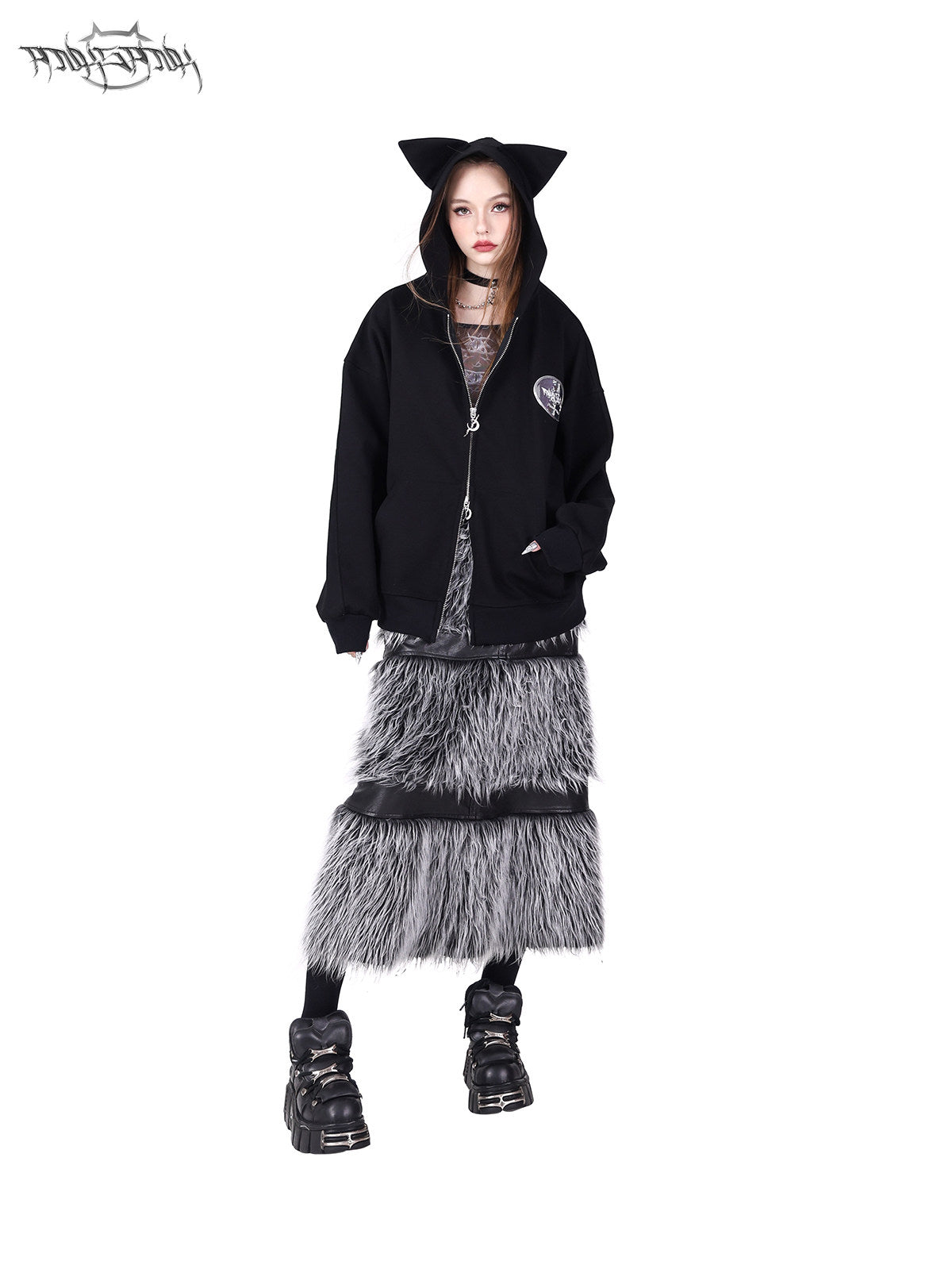 PINKSPINK ELECTRIC MOON two-way faux-fur paneled maxi skirt in black silver — fur-panel front modeled view styled with a hooded layer