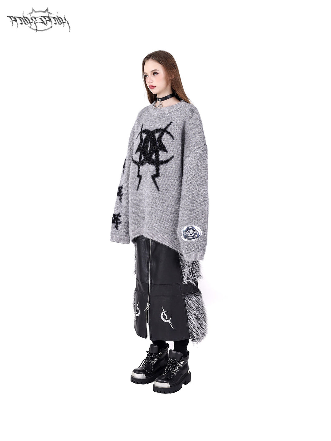 PINKSPINK ELECTRIC MOON two-way faux-fur paneled maxi skirt in black silver — side modeled view showing the black faux-leather panels