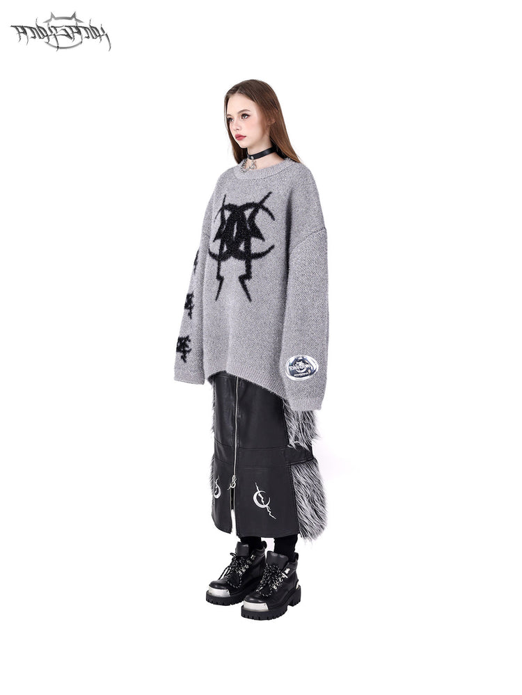 PINKSPINK ELECTRIC MOON two-way faux-fur paneled maxi skirt in black silver — side modeled view showing the black faux-leather panels