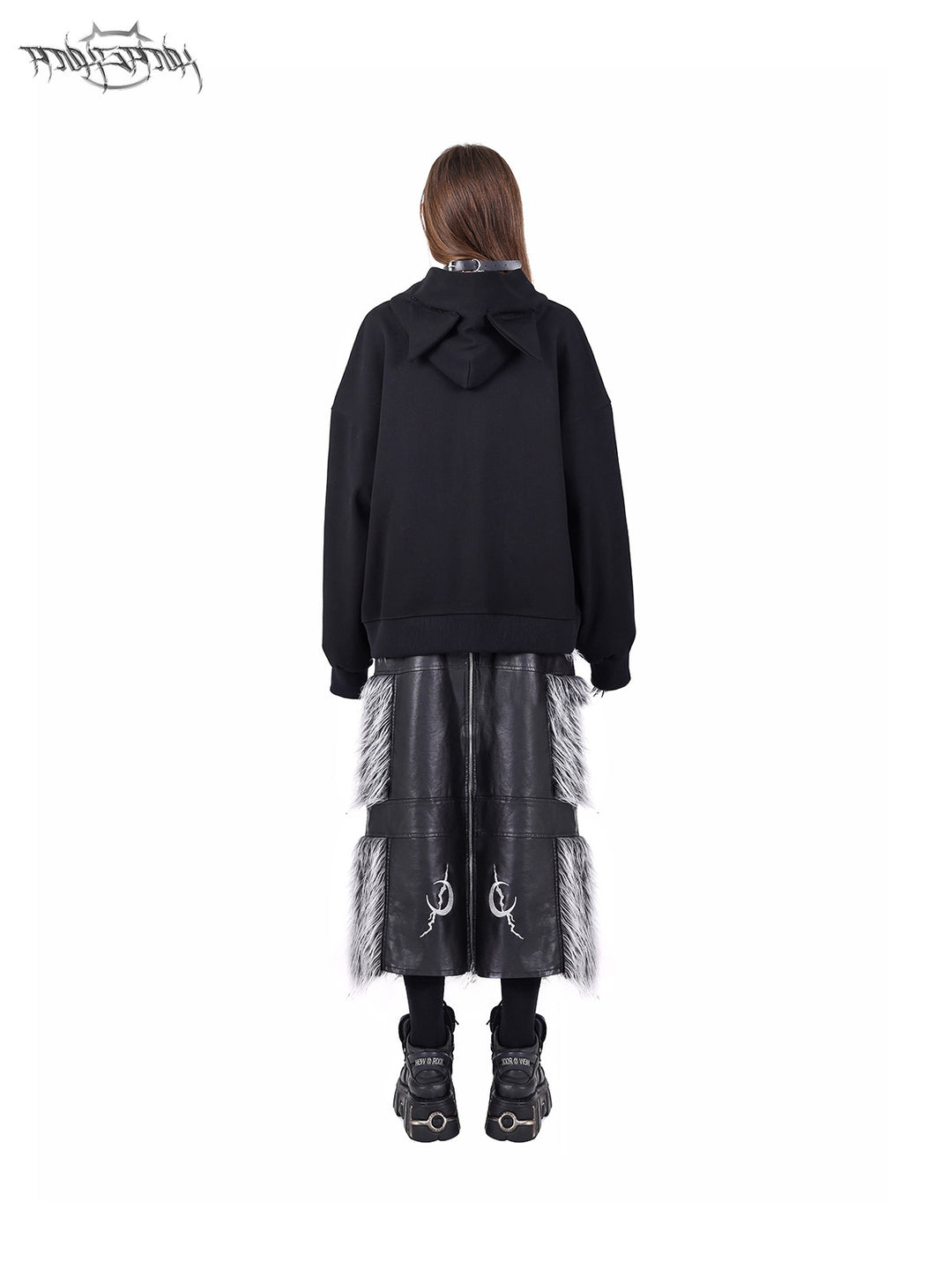 PINKSPINK ELECTRIC MOON two-way faux-fur paneled maxi skirt in black silver — rear modeled view with the black panels facing backward