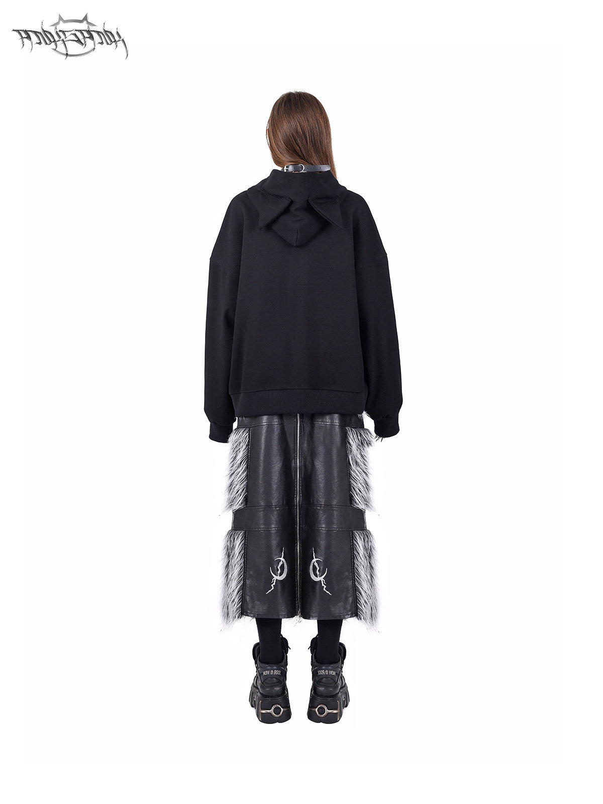 PINKSPINK ELECTRIC MOON two-way faux-fur paneled maxi skirt in black silver — rear modeled view with the black panels facing backward