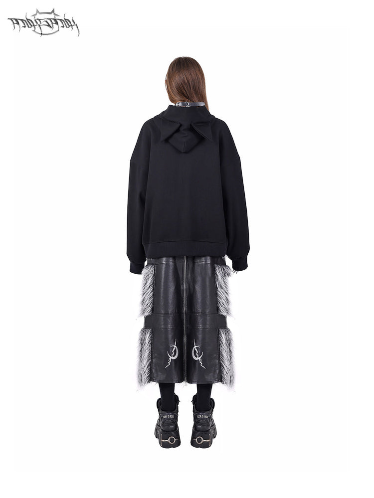 PINKSPINK ELECTRIC MOON two-way faux-fur paneled maxi skirt in black silver — rear modeled view with the black panels facing backward