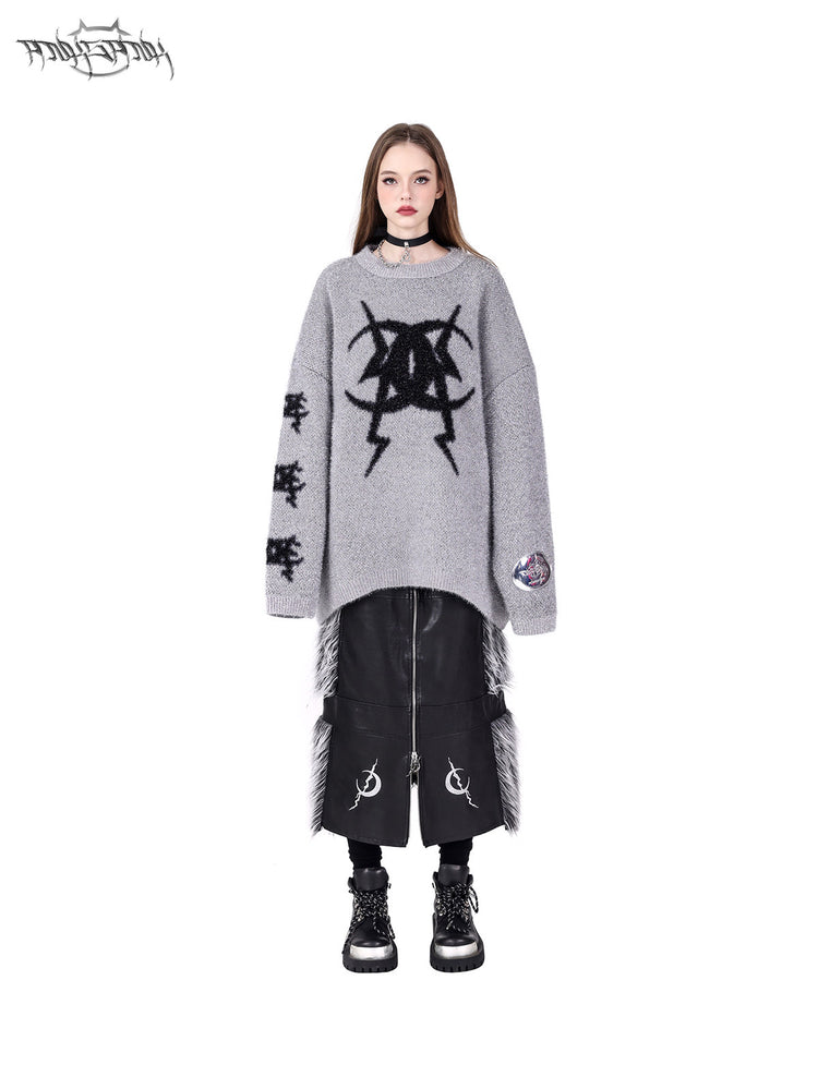 PINKSPINK ELECTRIC MOON two-way faux-fur paneled maxi skirt in black silver — front full-length modeled view with arms relaxed