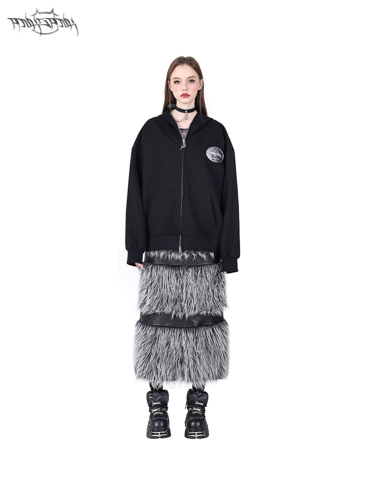 PINKSPINK ELECTRIC MOON two-way faux-fur paneled maxi skirt in black silver — fur-panel front modeled view with the styling hood lowered