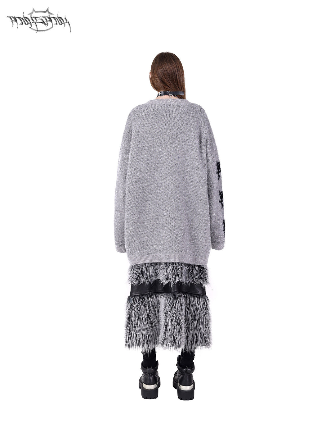PINKSPINK ELECTRIC MOON two-way faux-fur paneled maxi skirt in black silver — rear modeled view showing the silver faux fur