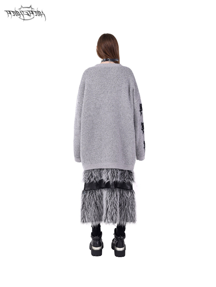 PINKSPINK ELECTRIC MOON two-way faux-fur paneled maxi skirt in black silver — rear modeled view showing the silver faux fur