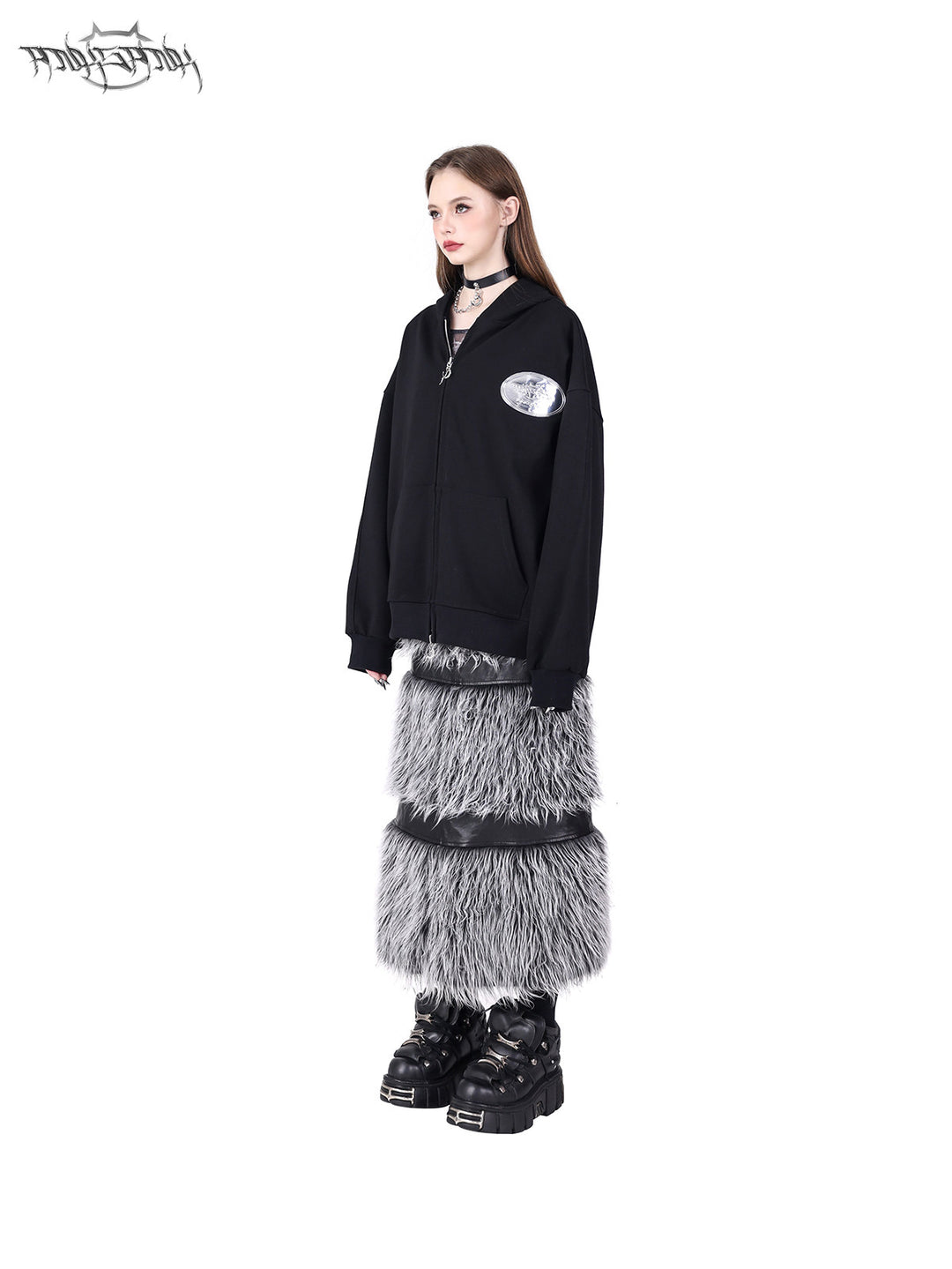 PINKSPINK ELECTRIC MOON two-way faux-fur paneled maxi skirt in black silver — side modeled view with the fur panels worn at the front