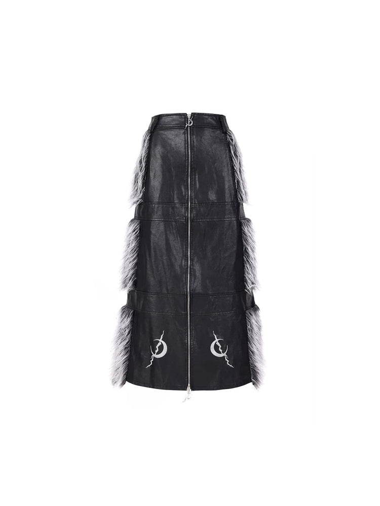 PINKSPINK ELECTRIC MOON two-way faux-fur paneled maxi skirt in black silver — front garment-only view showing the two-way zip and moon motifs