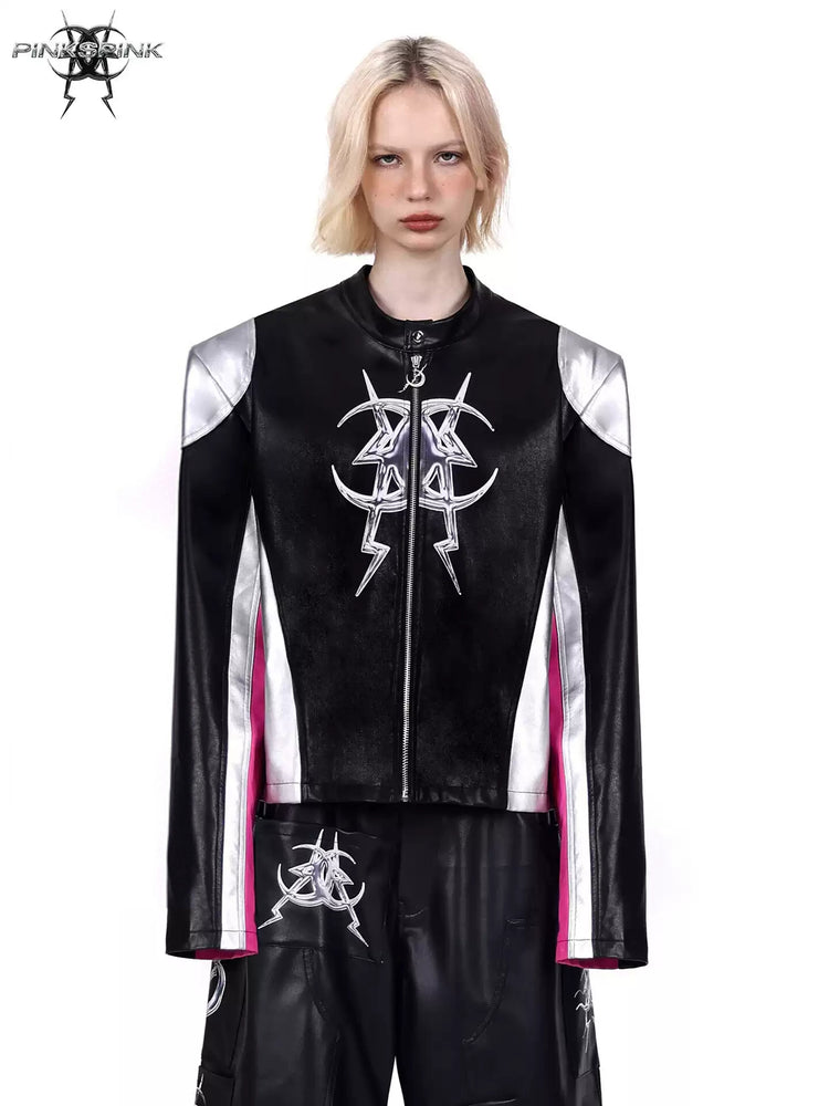 PINKSPINK MIRROR paneled faux-leather moto jacket in black silver pink — front modeled close-up showing the silver and pink panels