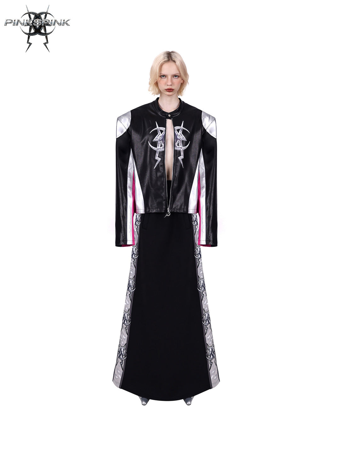 PINKSPINK MIRROR paneled faux-leather moto jacket in black silver pink — front full-length modeled view with the jacket open