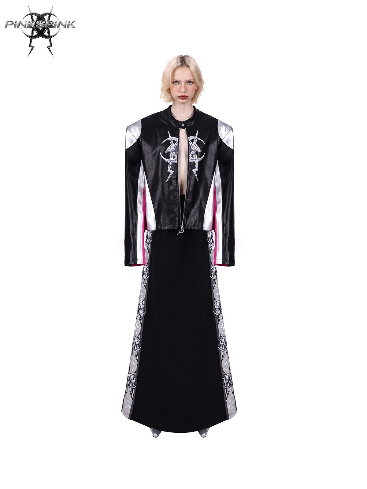 PINKSPINK MIRROR paneled faux-leather moto jacket in black silver pink — front full-length modeled view with the jacket open