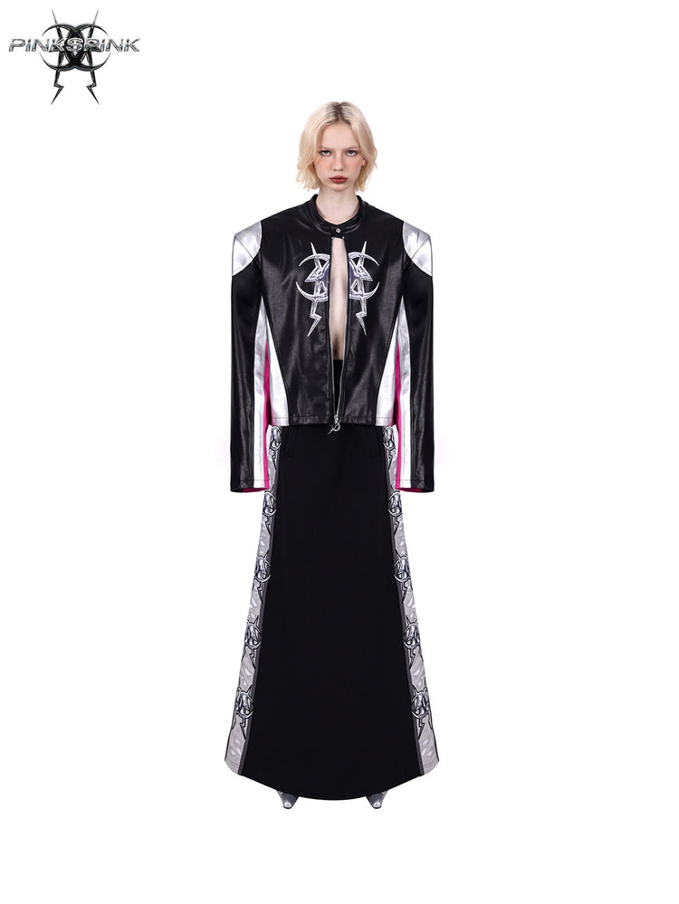 PINKSPINK MIRROR paneled faux-leather moto jacket in black silver pink — front full-length modeled view with the jacket open