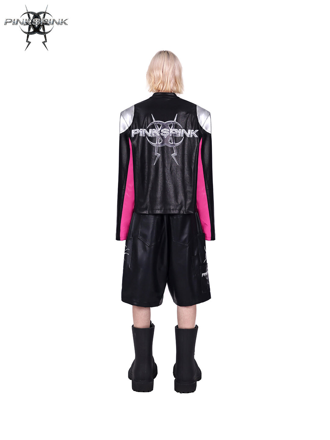 PINKSPINK MIRROR paneled faux-leather moto jacket in black silver pink — rear modeled view showing the silver shoulder panels
