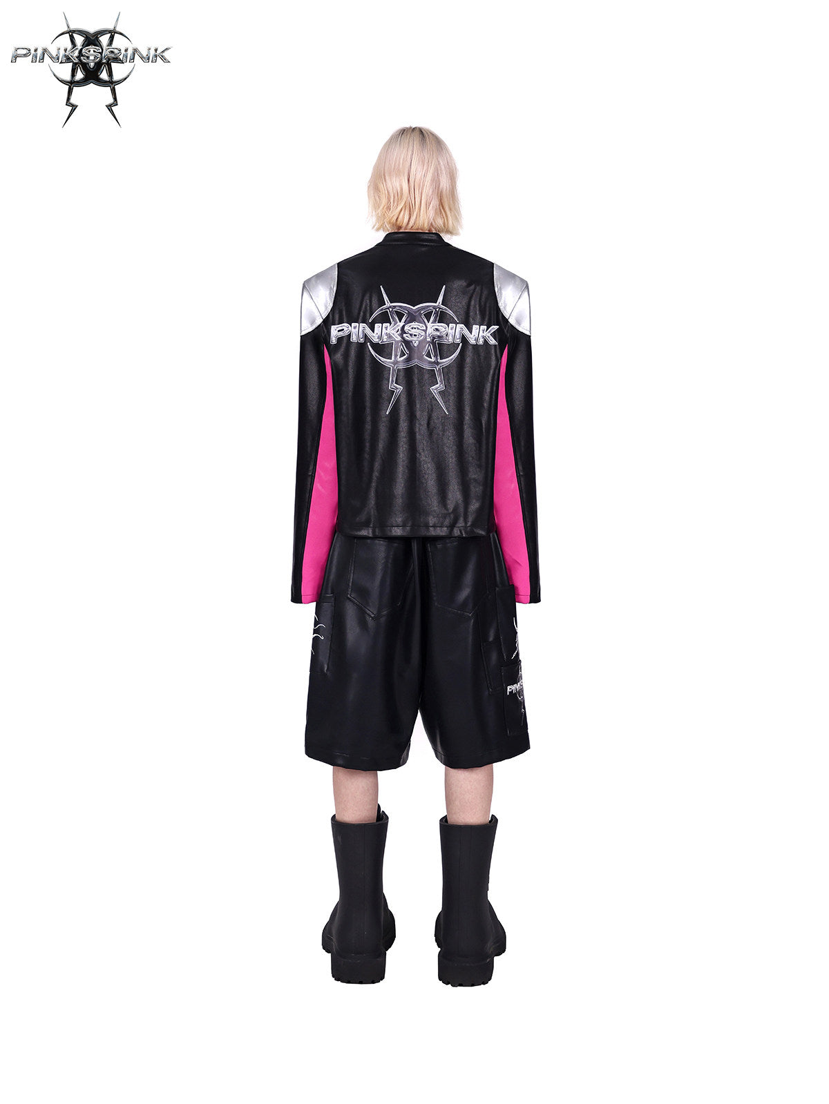 PINKSPINK MIRROR paneled faux-leather moto jacket in black silver pink — rear modeled view showing the silver shoulder panels