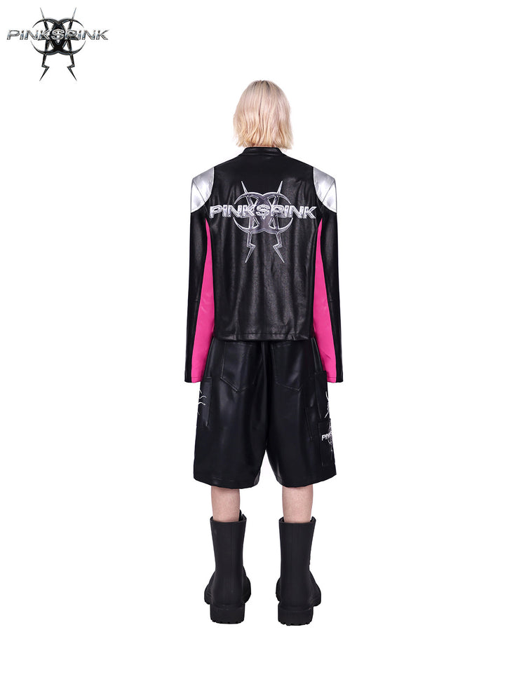 PINKSPINK MIRROR paneled faux-leather moto jacket in black silver pink — rear modeled view showing the silver shoulder panels