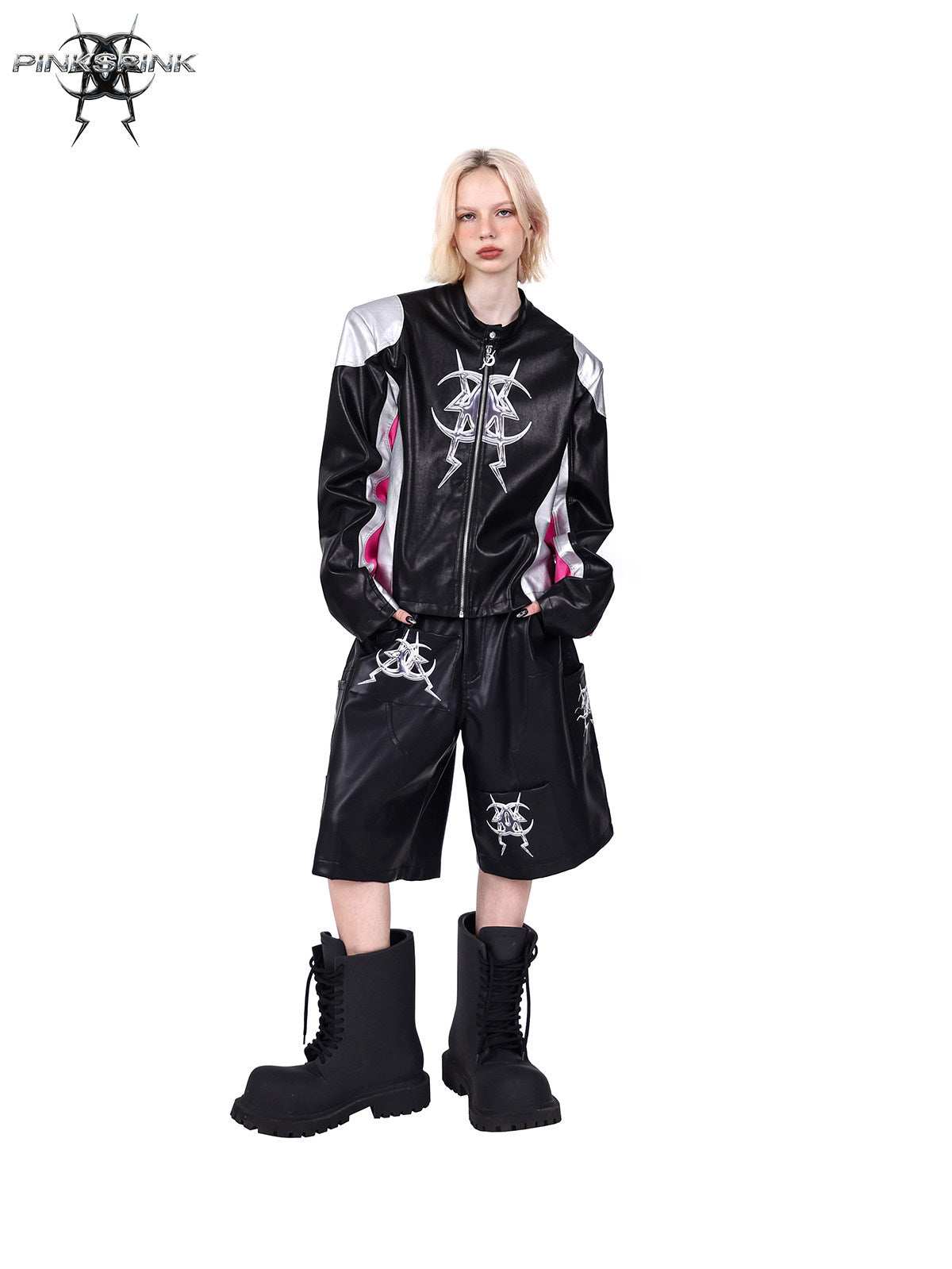 PINKSPINK MIRROR paneled faux-leather moto jacket in black silver pink — front modeled view with hands in pockets