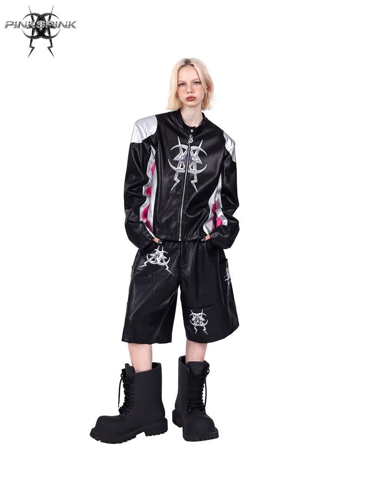 PINKSPINK MIRROR paneled faux-leather moto jacket in black silver pink — front modeled view with hands in pockets