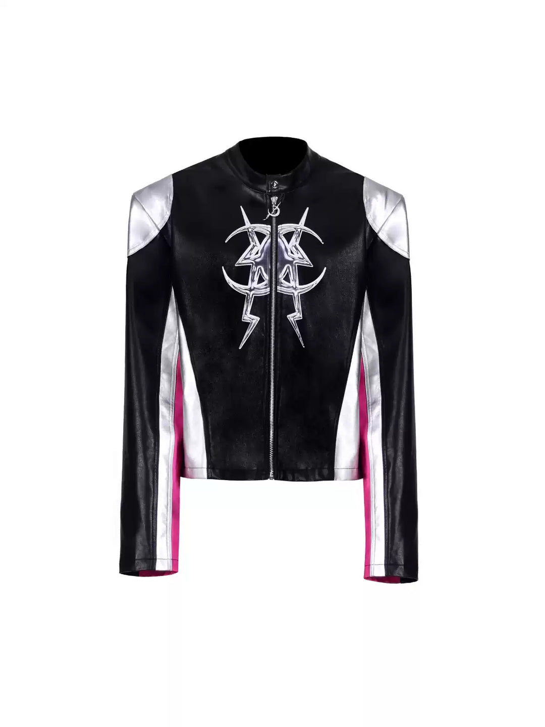 PINKSPINK MIRROR paneled faux-leather moto jacket in black silver pink — front garment-only view of the paneled racing-inspired design