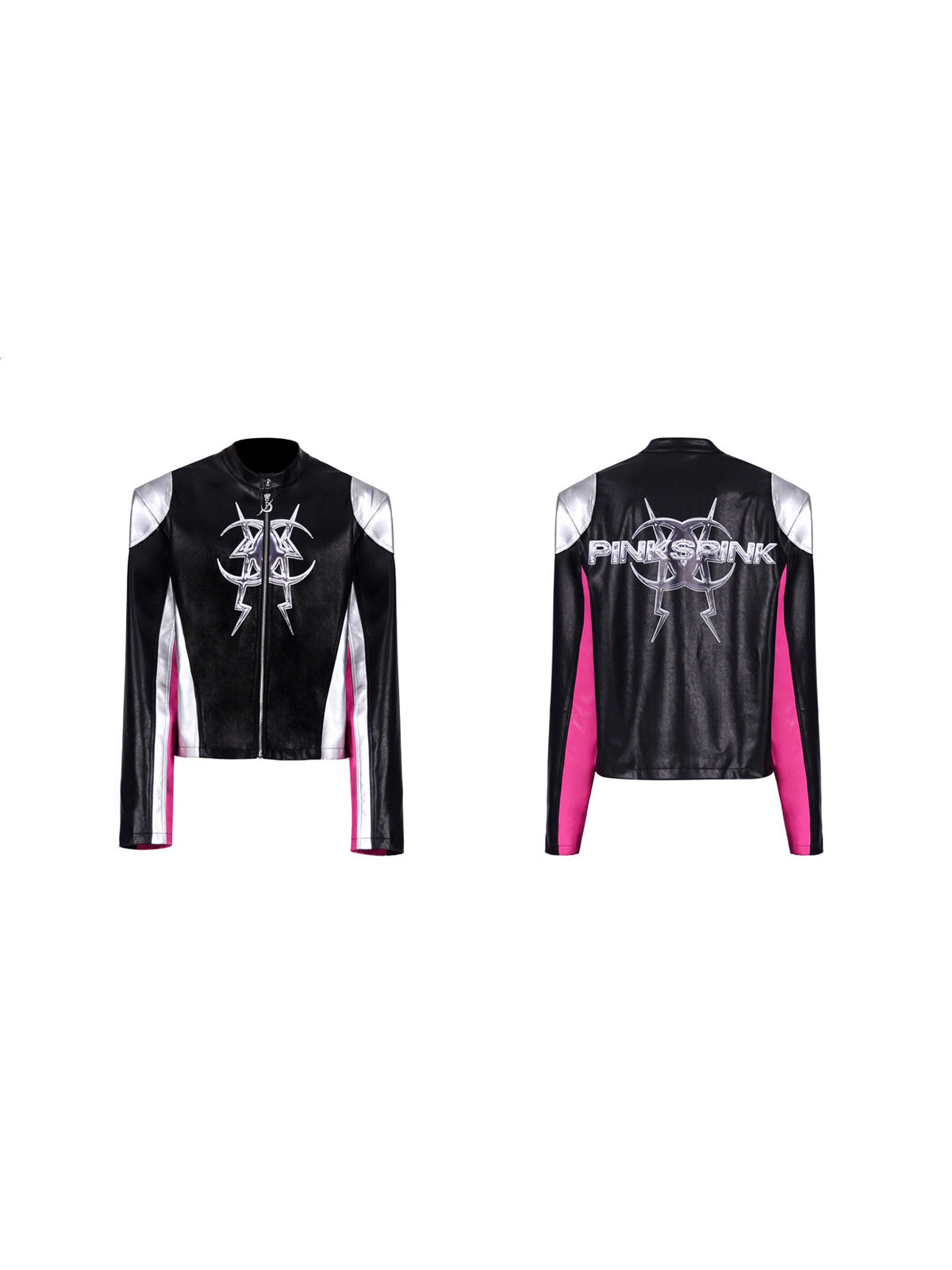 PINKSPINK MIRROR paneled faux-leather moto jacket in black silver pink — front and back garment-only views showing the contrast panels