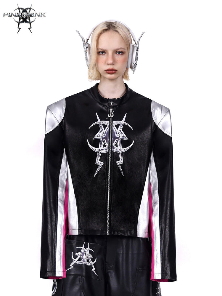 PINKSPINK MIRROR paneled faux-leather moto jacket in black silver pink — front modeled close-up styled with headphones