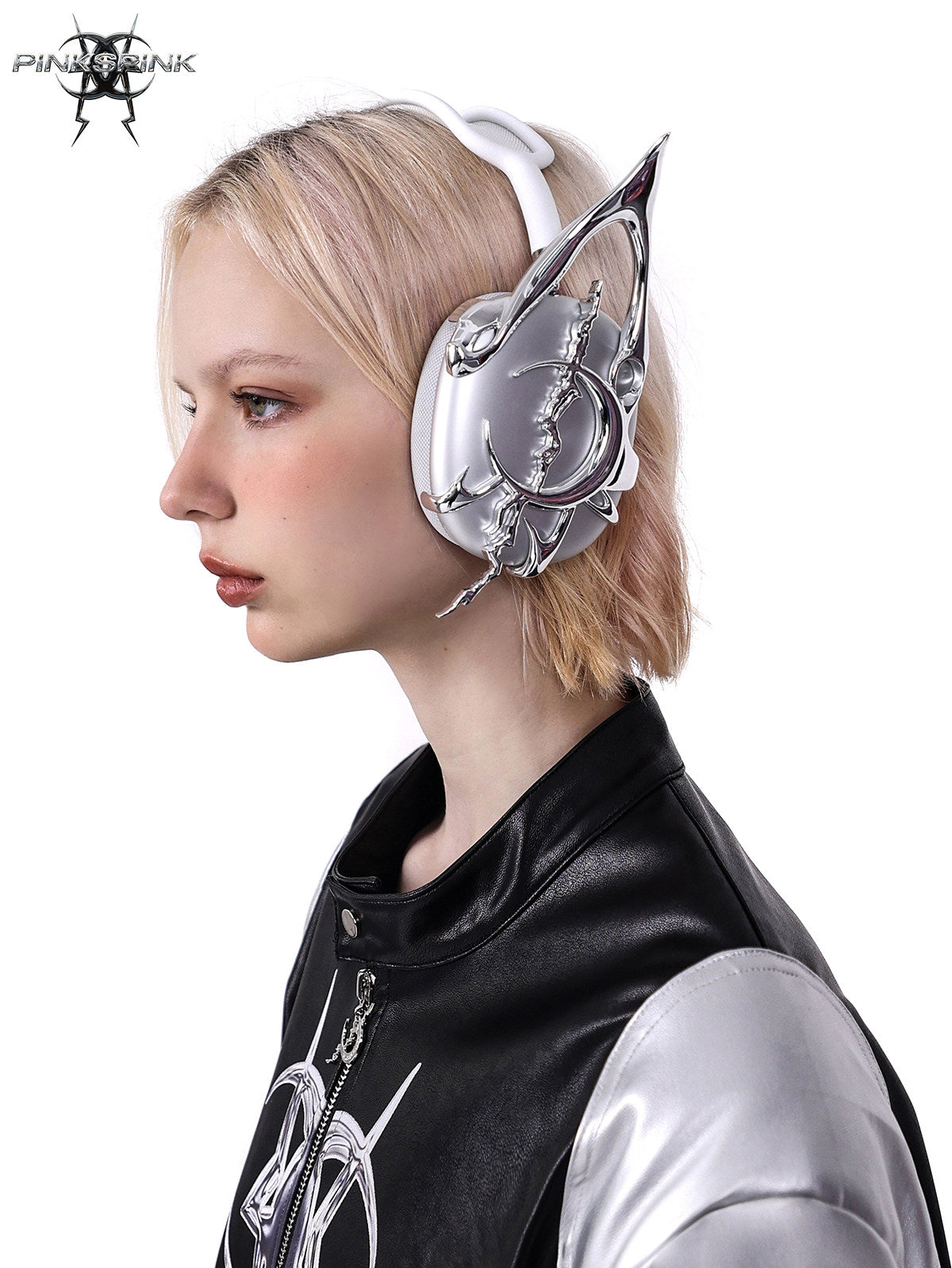 PINKSPINK MIRROR paneled faux-leather moto jacket in black silver pink — collar and shoulder close-up showing the contrast panels