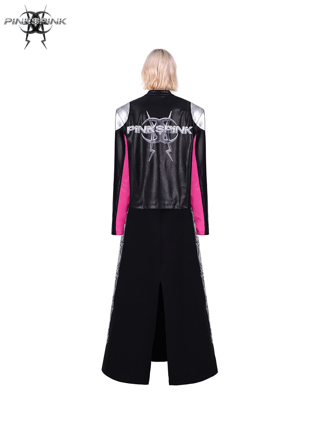PINKSPINK MIRROR paneled faux-leather moto jacket in black silver pink — rear full-length modeled view styled with a long skirt