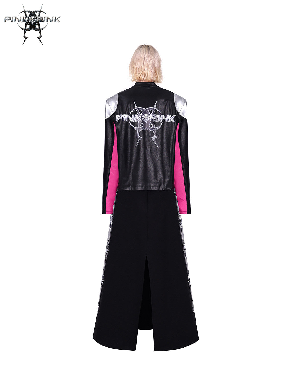 PINKSPINK MIRROR paneled faux-leather moto jacket in black silver pink — rear full-length modeled view styled with a long skirt