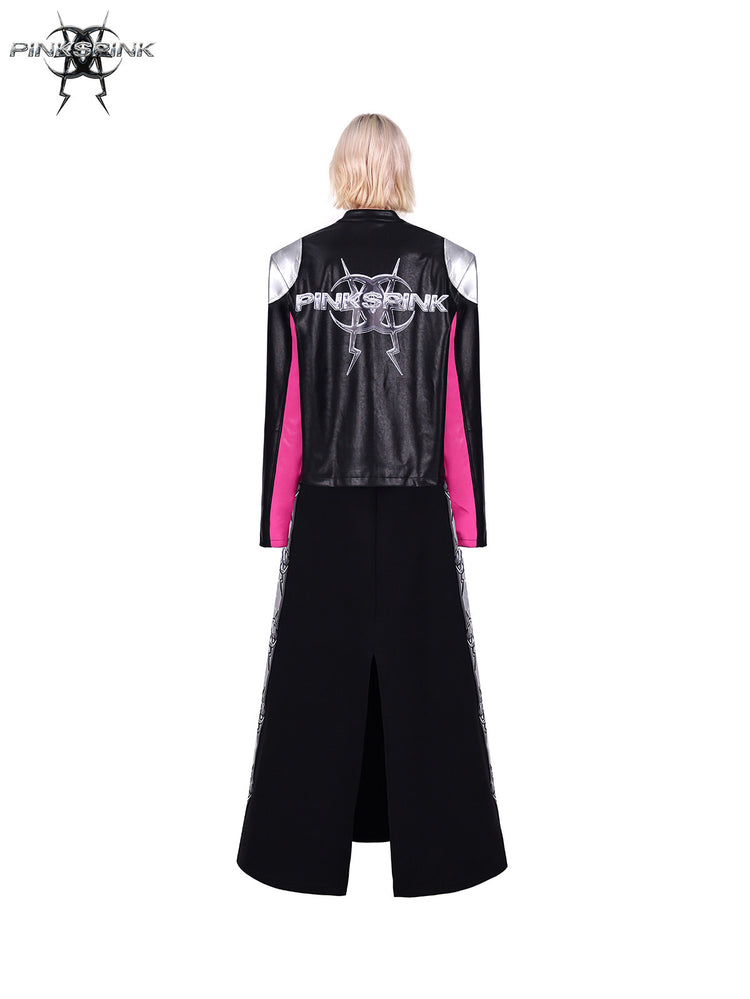 PINKSPINK MIRROR paneled faux-leather moto jacket in black silver pink — rear full-length modeled view styled with a long skirt