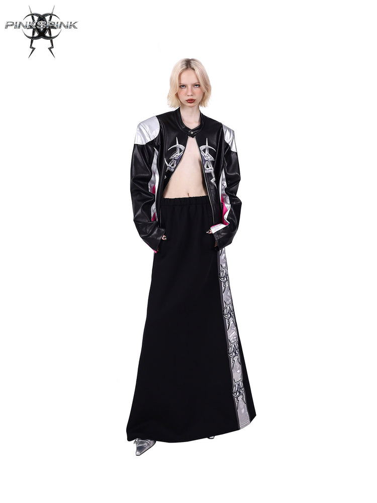 PINKSPINK MIRROR paneled faux-leather moto jacket in black silver pink — front modeled view with the lower zipper opened