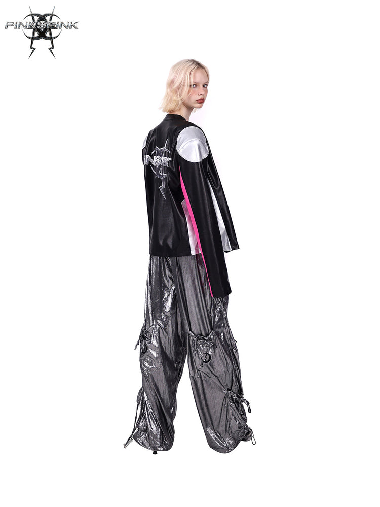 PINKSPINK MIRROR paneled faux-leather moto jacket in black silver pink — angled rear modeled view styled with metallic trousers