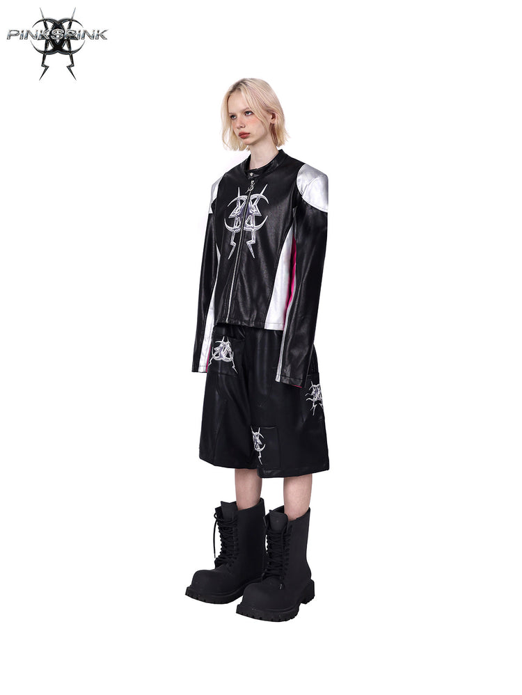 PINKSPINK MIRROR paneled faux-leather moto jacket in black silver pink — angled front modeled view with arms relaxed