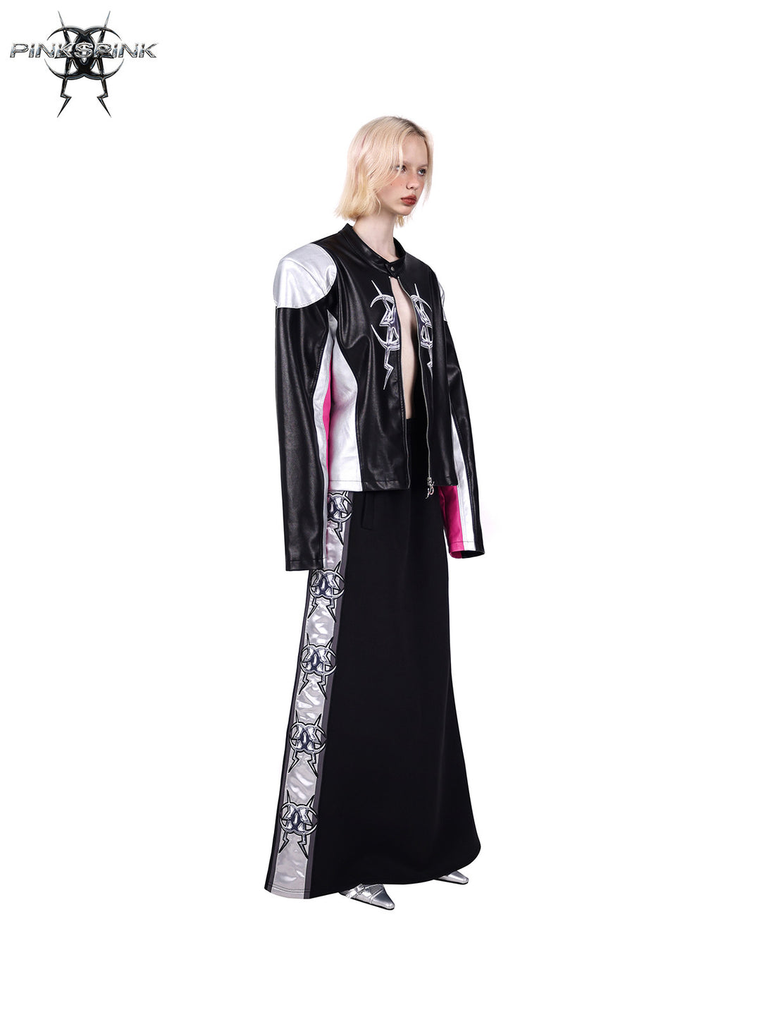 PINKSPINK MIRROR paneled faux-leather moto jacket in black silver pink — profile modeled view with the jacket open