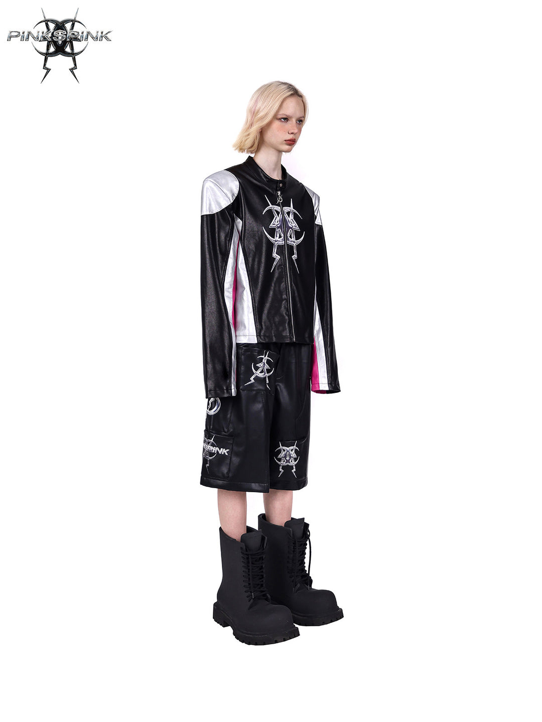 PINKSPINK MIRROR paneled faux-leather moto jacket in black silver pink — profile modeled view with the jacket closed