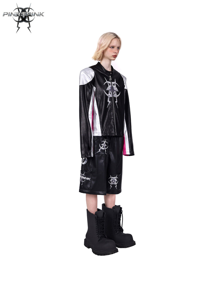 PINKSPINK MIRROR paneled faux-leather moto jacket in black silver pink — profile modeled view with the jacket closed