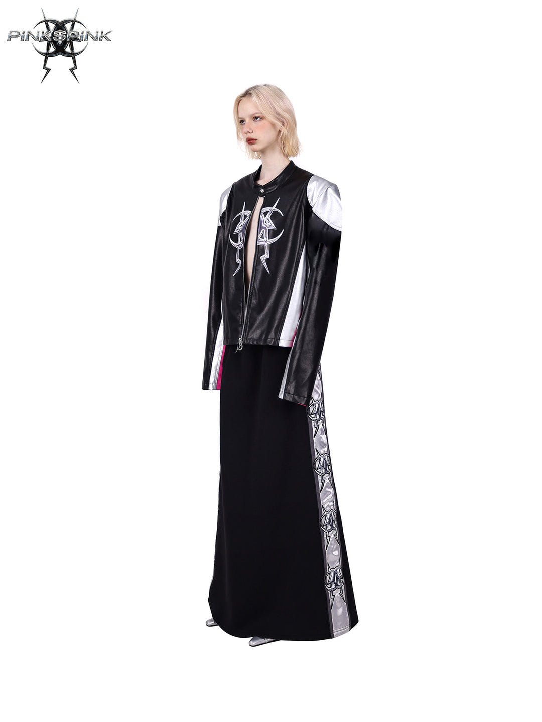 PINKSPINK MIRROR paneled faux-leather moto jacket in black silver pink — angled front modeled view with the jacket open