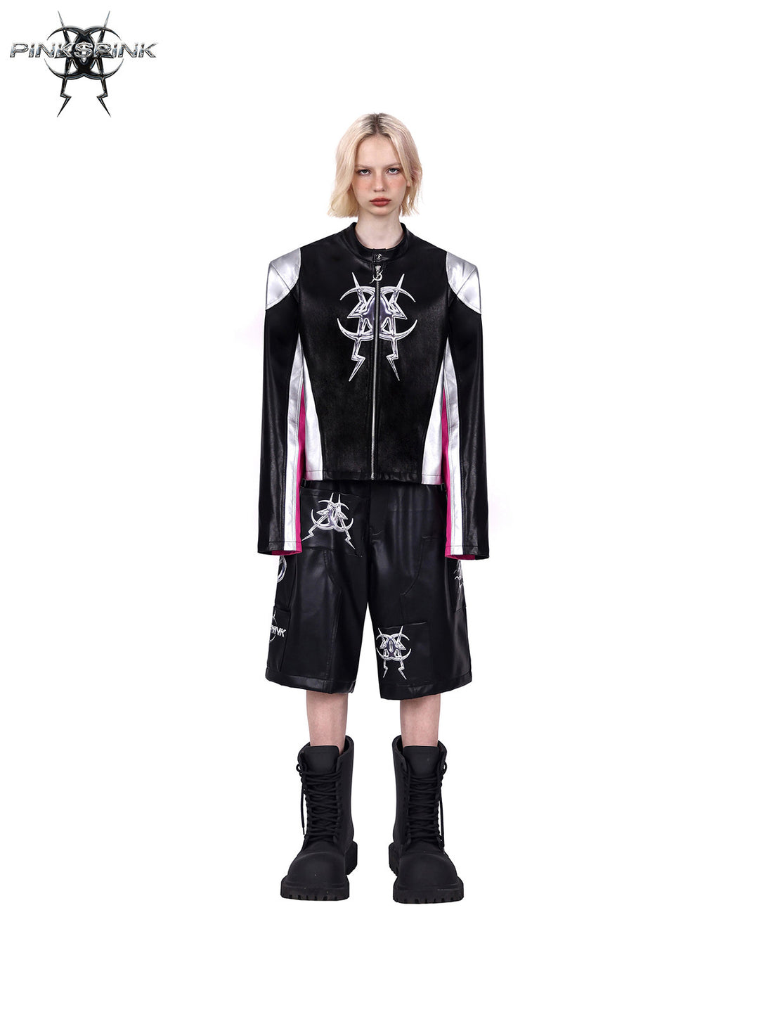 PINKSPINK MIRROR paneled faux-leather moto jacket in black silver pink — front full-length modeled view corresponding to the hero image