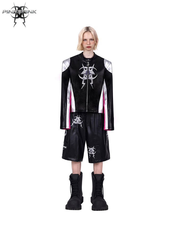 PINKSPINK MIRROR paneled faux-leather moto jacket in black silver pink — front full-length modeled view corresponding to the hero image