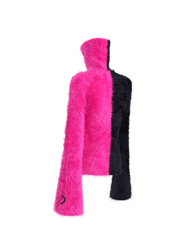 PINKSPINK ELECTRIC MOON split-color balaclava zip sweater — back garment-only view showing the reversed color panels