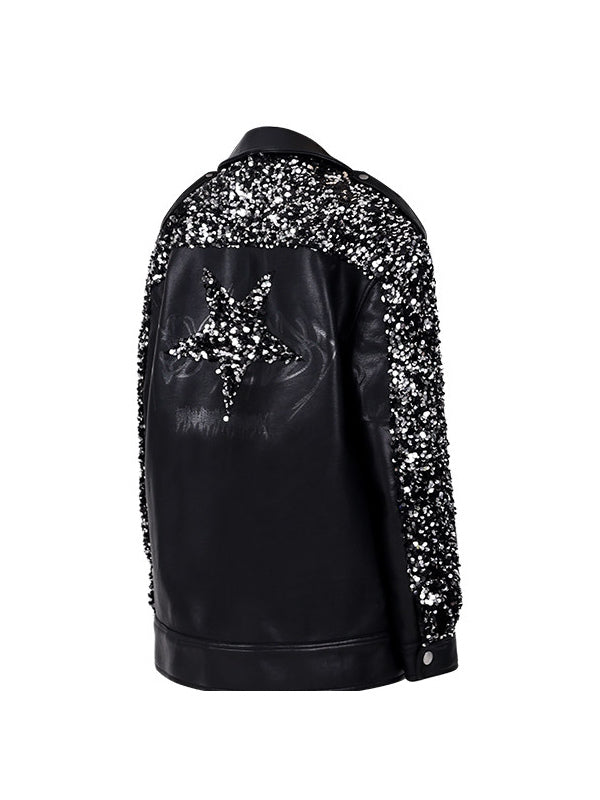 PINKSPINK STAR sequined-panel faux-leather biker jacket — back garment-only view showing the sequin star and shoulder panel