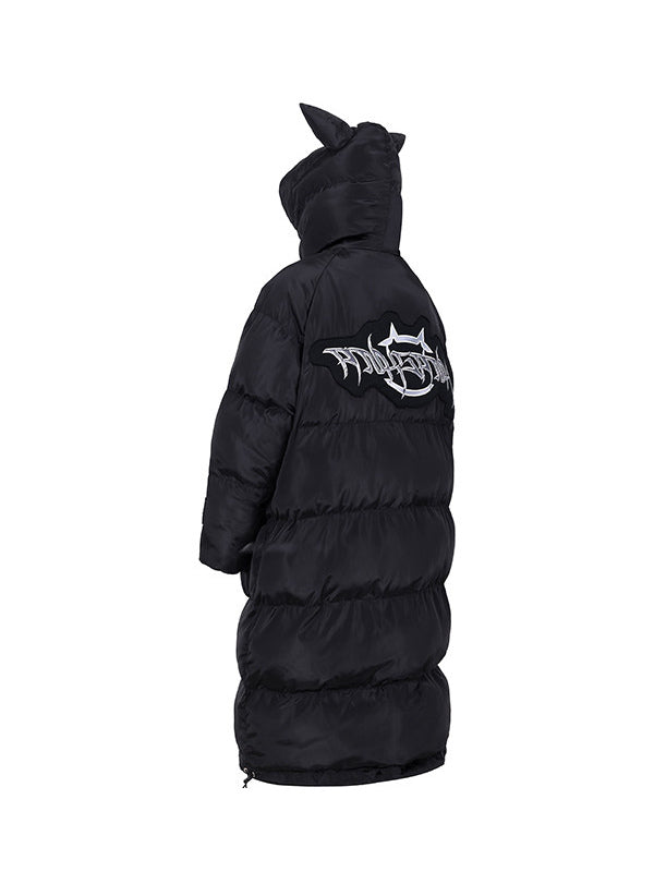 PINKSPINK CAT ALIEN long cat-ear padded coat — back garment-only view with hood raised and large logo patch