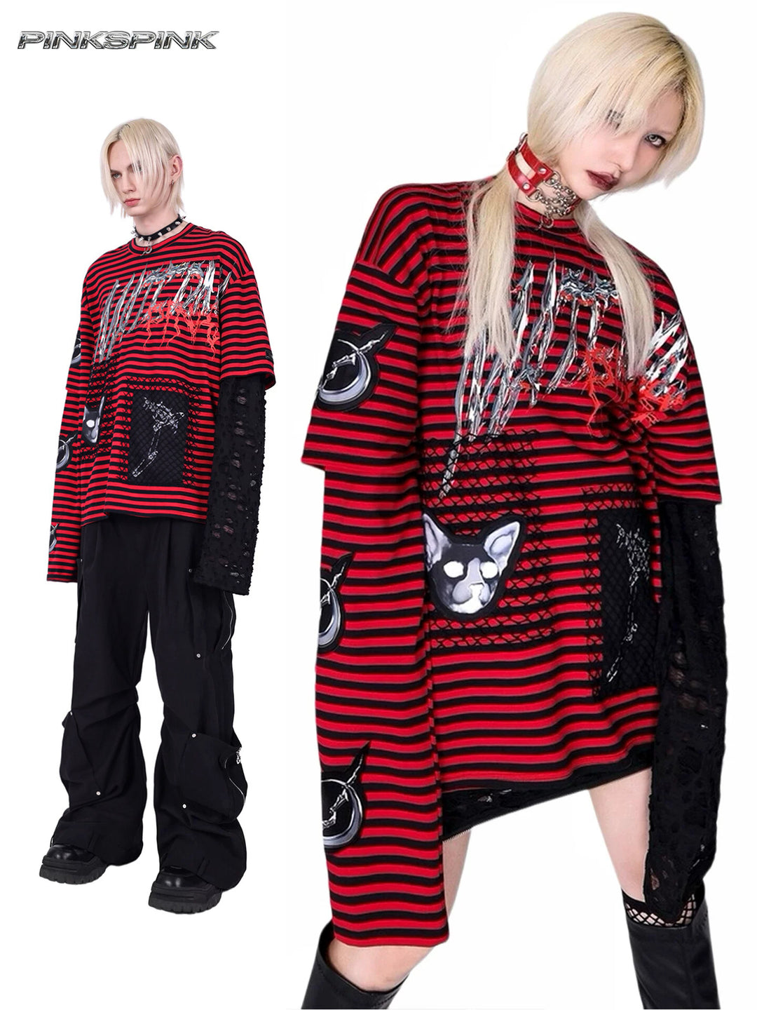 PINKSPINK ELECTRIC MOON striped patchwork long-sleeve tee — red and black modeled collage showing the asymmetric sleeves and cat patch