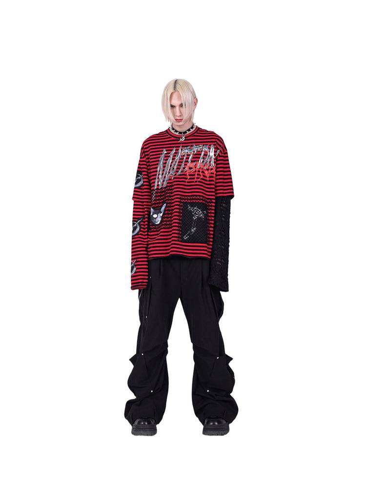 PINKSPINK ELECTRIC MOON striped patchwork long-sleeve tee — red and black full-length front modeled view styled with black cargo pants