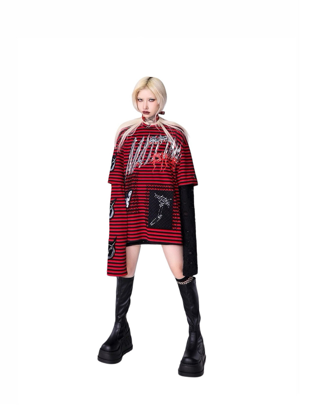 PINKSPINK ELECTRIC MOON striped patchwork long-sleeve tee — red and black full-length front modeled view with an oversized fit