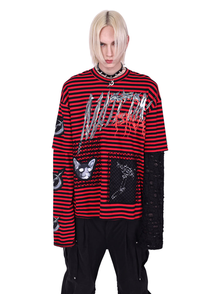 PINKSPINK ELECTRIC MOON striped patchwork long-sleeve tee — red and black front close-up showing the chrome-effect logo and stitched patches