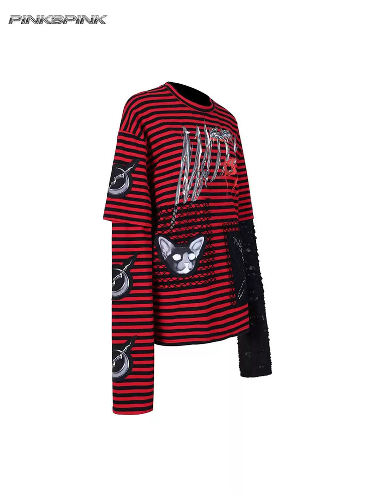 PINKSPINK ELECTRIC MOON striped patchwork long-sleeve tee — red and black garment-only front view showing the layered sleeves