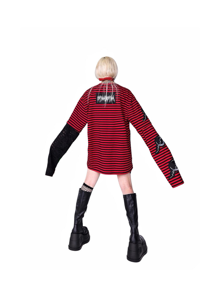 PINKSPINK ELECTRIC MOON striped patchwork long-sleeve tee — red and black full-length back modeled view with arms extended