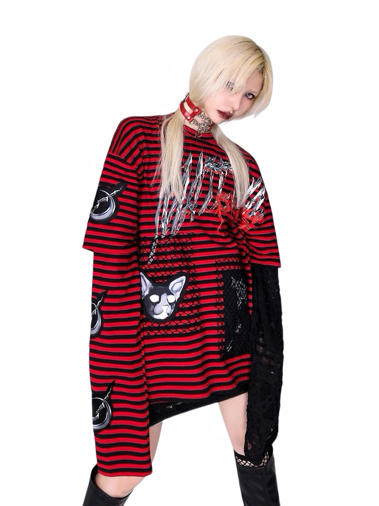 PINKSPINK ELECTRIC MOON striped patchwork long-sleeve tee — red and black three-quarter front view showing the cat and moon motifs