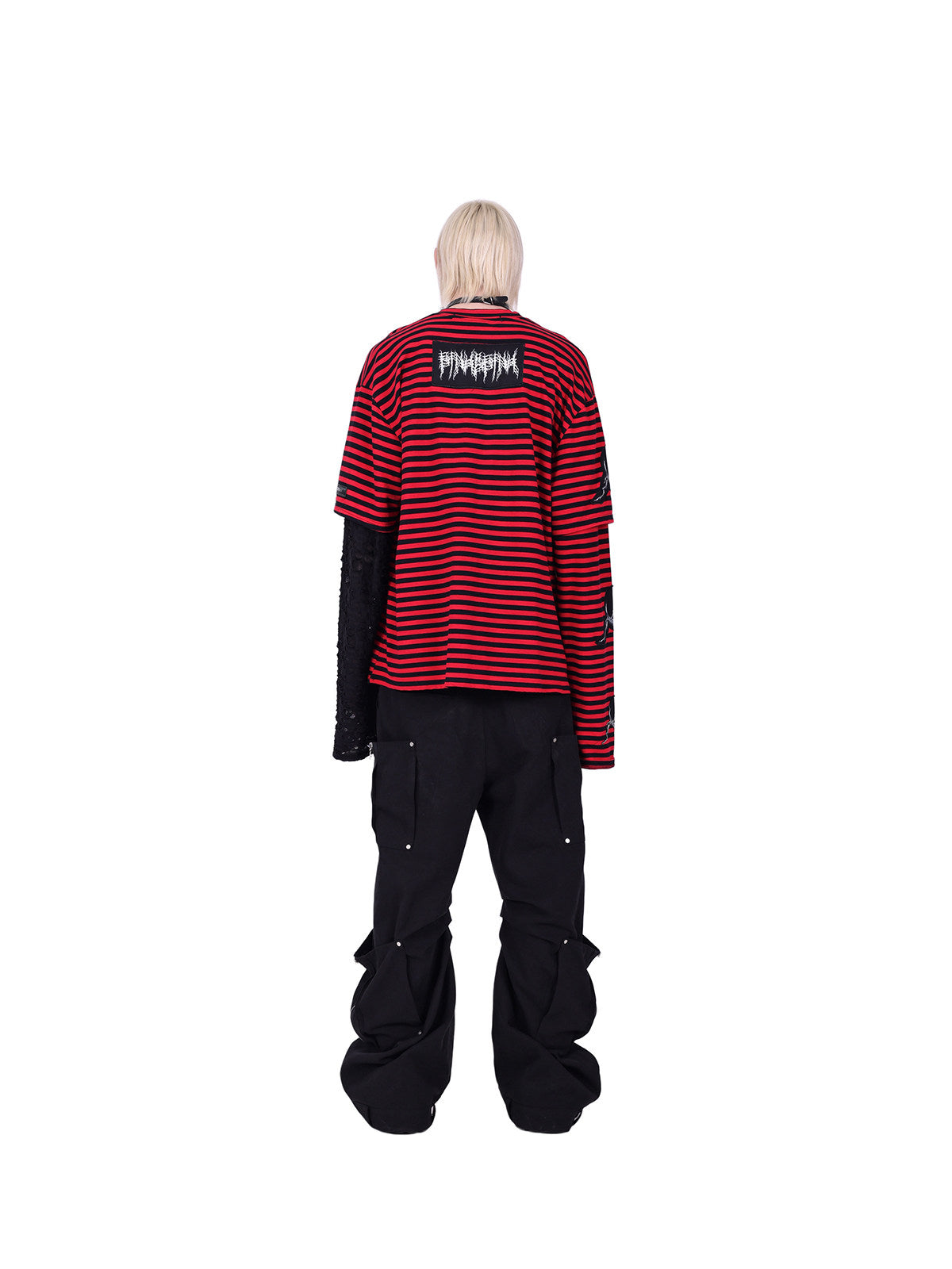PINKSPINK ELECTRIC MOON striped patchwork long-sleeve tee — red and black full-length back modeled view showing the brand patch