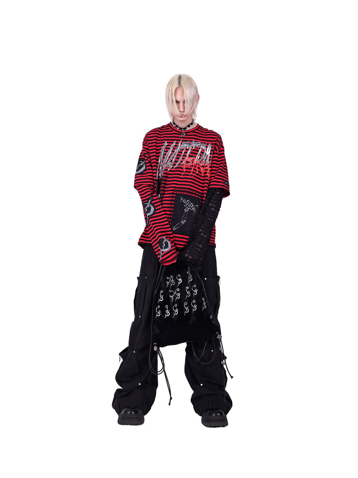 PINKSPINK ELECTRIC MOON striped patchwork long-sleeve tee — red and black full-length front modeled view with hands together