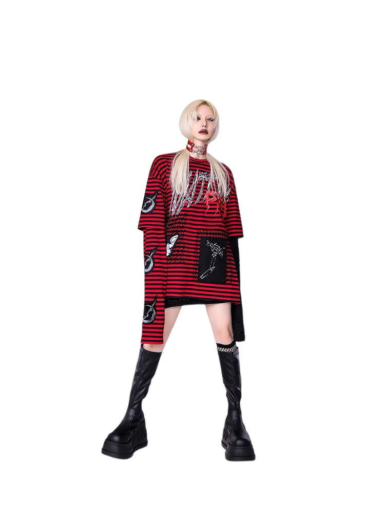 PINKSPINK ELECTRIC MOON striped patchwork long-sleeve tee — red and black full-length front modeled view with a raised chin